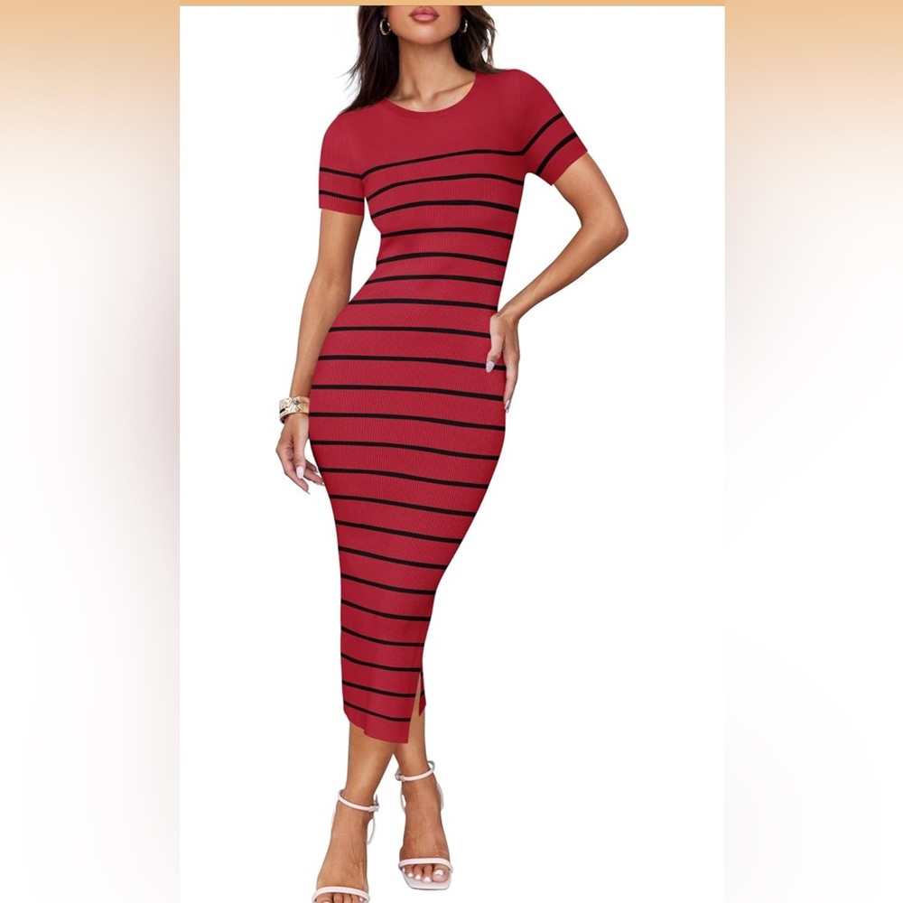 Zesica Red & Black Sweater Striped Short Sleeve Knit Midi Dress